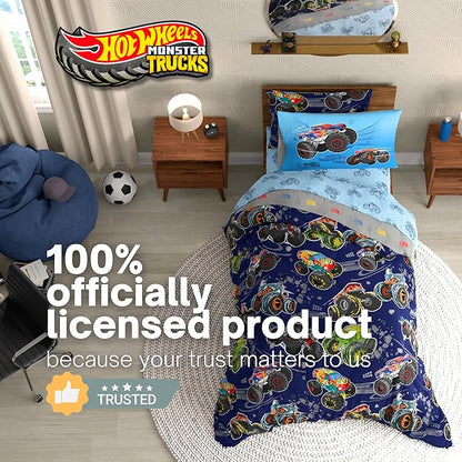 Monster Trucks x Hot Wheels Bedding Set, Full Size 7 Piece Set Kids Super Soft Cozy Reversible Comforter and Sheet Set with Sham, (100% Officially Licensed Product) by Franco