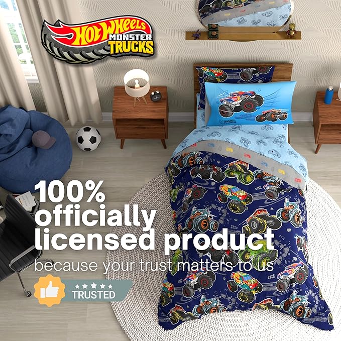 Hot Wheels x Monster Trucks Bedding Set, Twin Size 5 Piece Set Kids Super Soft Cozy Reversible Comforter and Sheet Set with Sham, (100% Officially Licensed Product) by Franco