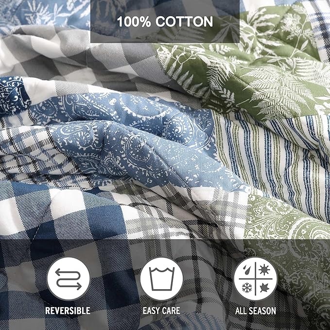 Eddie Bauer - Queen Quilt Set, Reversible Cotton Bedding with Matching Shams, Patchwork Luxurious Bedding Set with Plaid Reverse (Cozy Plaid Patchwork Blue/Green, Queen)