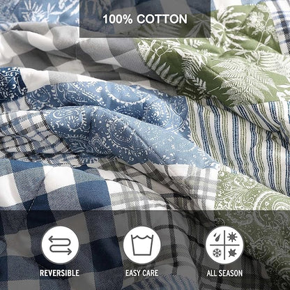 Eddie Bauer - Queen Quilt Set, Reversible Cotton Bedding with Matching Shams, Patchwork Luxurious Bedding Set with Plaid Reverse (Cozy Plaid Patchwork Blue/Green, Queen)