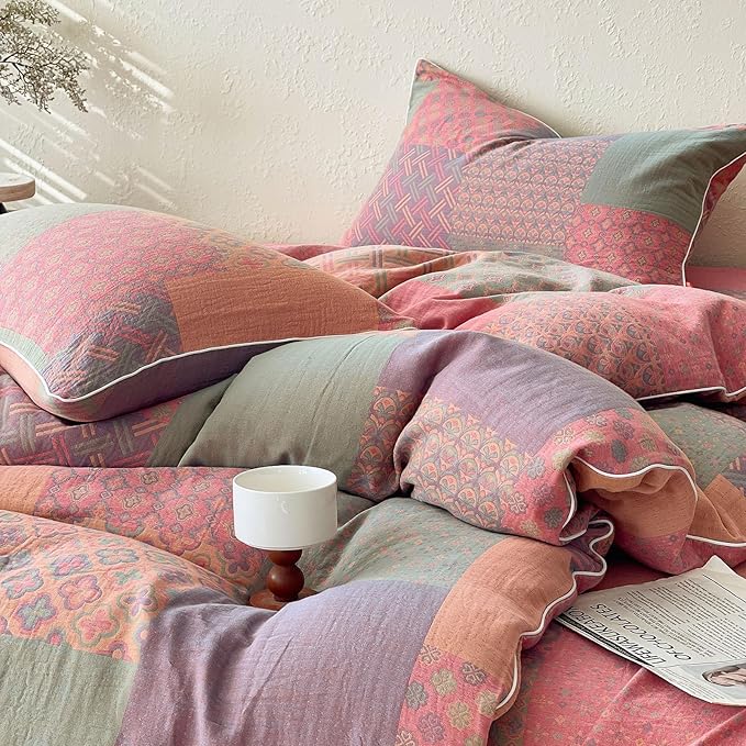 mixinni 100% Cotton Double Layer Yarn Duvet Cover Set, Vintage Patchwork Floral Jacquard Textured Comforter Cover, Reversible Boho Bedding Set with Pillowcases for All Season-Queen Size