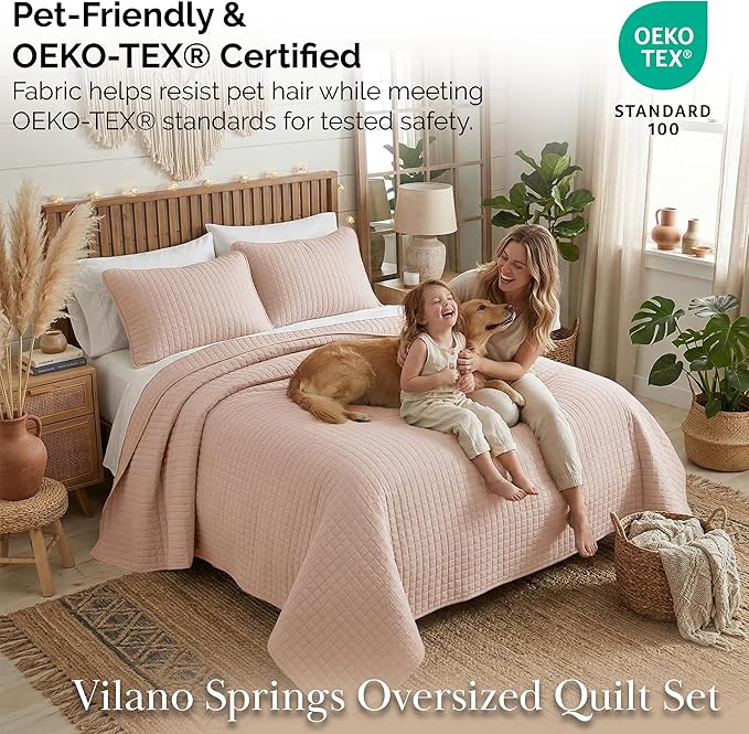 Southshore Fine Living, Inc. Twin Quilt Bedding Set, Stitched Soft Brushed Microfiber Blush Pink Quilt, Twin Coverlet Bedspread, Wrinkle & Pet Hair Resistant Bedding, Easy Care, 1 Pillow Sham, Blush