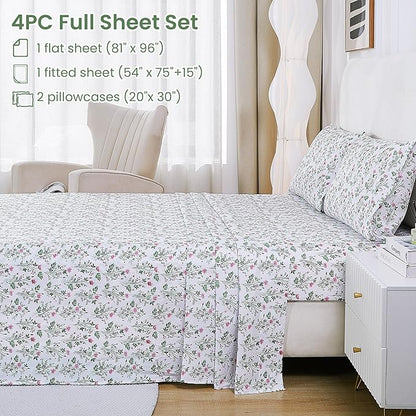 Softan Vintage Floral Full Bed Sheets, Cozy Microfiber Flower Printed Sheets with 15" Deep Pocket Fitted Sheet & Non-Slip Straps, Patterned Botanical Wildflower Sheets & Pillowcase Set