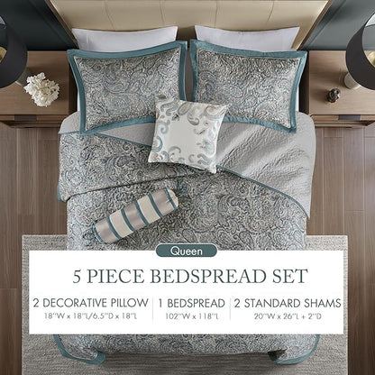 Madison Park Aubrey Reversible Quilted Bedspread Set, Solid Reverse Summer Breathable, Lightweight All Season Bedding Layer, Matching Shams, Bedspread Queen(102"x118") Teal 5 Piece