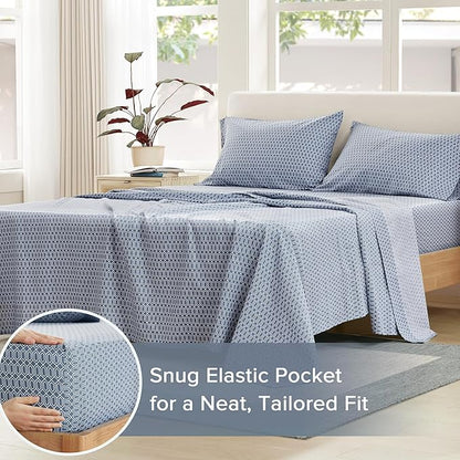 Comfort Spaces 100% Cotton Sheets Queen, Breathable, Naturally Cool Cotton Sheets, Soft Cotton Bed Sheets with 14" Elastic Pocket Fits up to 16" Mattress, All Seasons Sheet Set, Diamond Blue 4 Piece