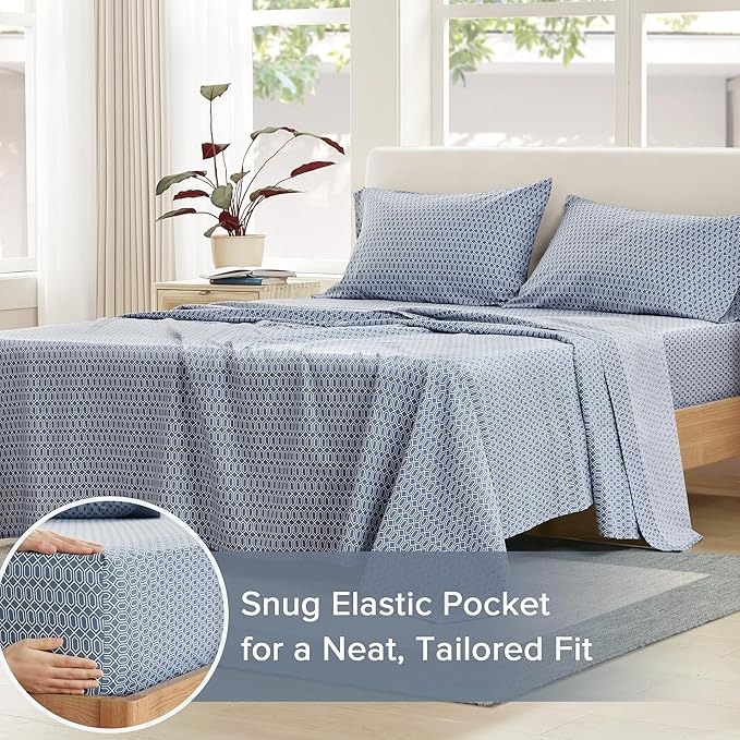 Comfort Spaces 100% Cotton Sheets Full, Breathable, Naturally Cool Cotton Sheets, Soft Cotton Bed Sheets with 14" Elastic Pocket Fits up to 16" Mattress, All Seasons Sheet Set, Diamond Blue 4 Piece