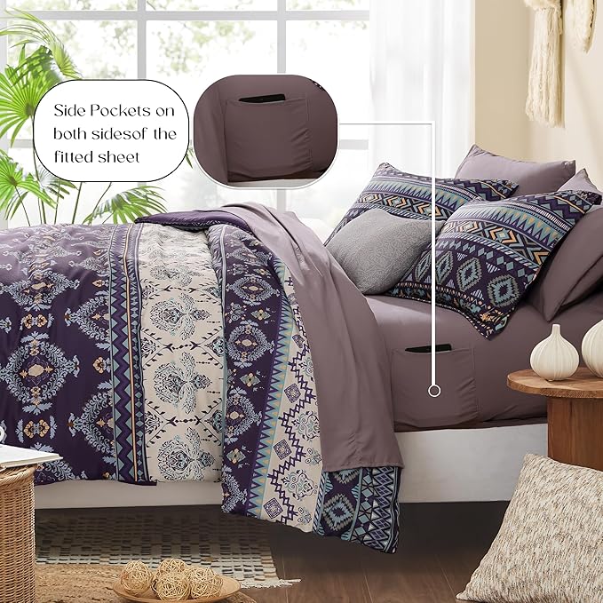Geniospin King Size Comforter Set- 7 Pieces Boho Bed in a Bag, Western Bedding Set for All Seasons, Soft Aztec Bedding, Lightweight Comforter Bed Set with Sheets, Pillowcases & Shams