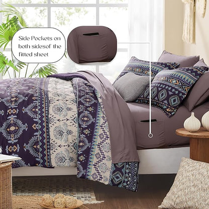 Geniospin King Size Comforter Set- 7 Pieces Boho Bed in a Bag, Western Bedding Set for All Seasons, Soft Aztec Bedding, Lightweight Comforter Bed Set with Sheets, Pillowcases & Shams