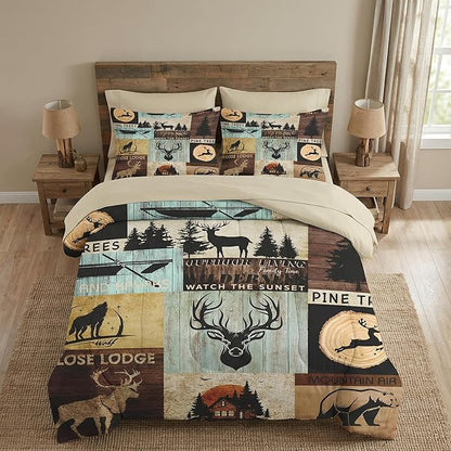 5 Pcs Twin Size Comforter Set with Pillowcase & Sham, Deer Pine Animal Bear Bedding for Kids and Adults, Hunting Wolf Tree Woodboard Bed in a Bag with Flat, Fitted Sheet