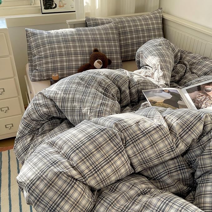 MKXI Full Modern Plaid Duvet Cover Set 3 Piece - Deep Navy Washed Cotton Bedding, Modern Farmhouse Check Design, Breathable & Vintage Linen Like Bedding Set with Zipper Closure