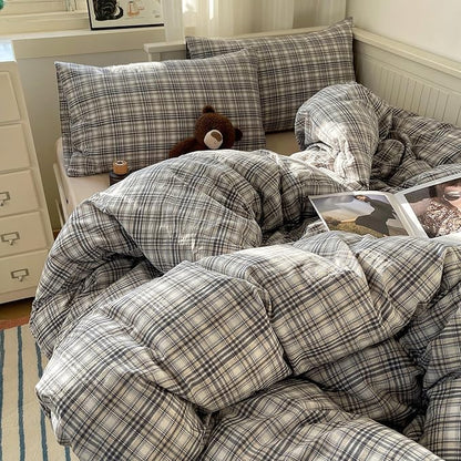 MKXI Queen Modern Plaid Duvet Cover Set 3 Piece - Deep Navy Washed Cotton Bedding, Modern Farmhouse Check Design, Breathable & Vintage Linen Like Bedding Set with Zipper Closure