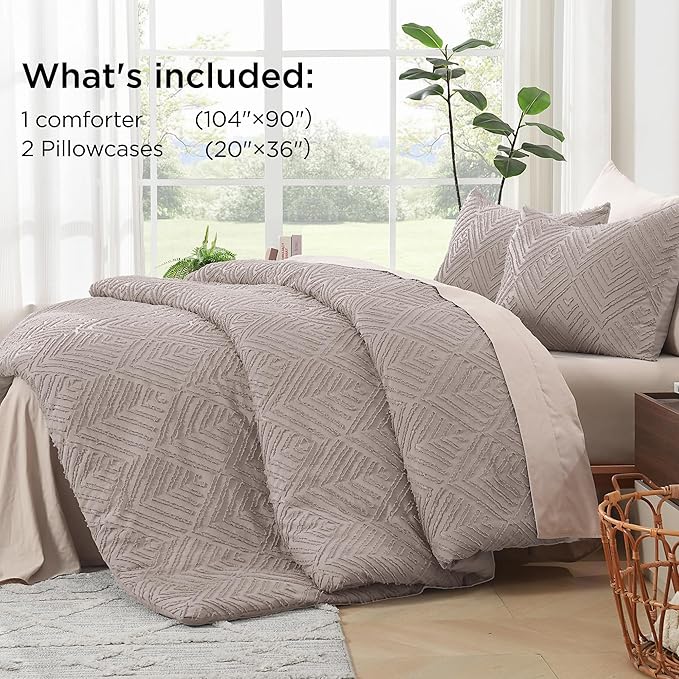 Litanika King Size Comforter Set Rose Coffee, 3 Pieces Cream Tufted Boho Farmhouse Bedding Comforter Sets, Lightweight Fluffy Comforter Bed Set for All Season (104x90In Comforter and 2 Pillowcases)