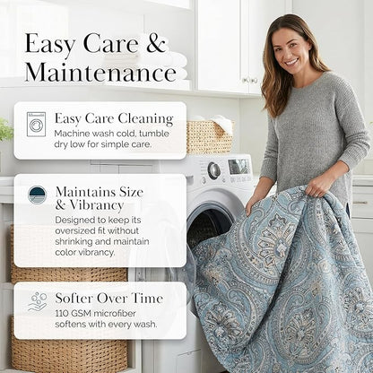 Southshore Fine Living, Inc. Oversized Quilt King Size Bedding Set, Lightweight Comforter, Cal King Quilt Coverlet & 2 Matching Quilted Pillow Shams, Blue Paisley Comforter Set, Pure Melody Aqua