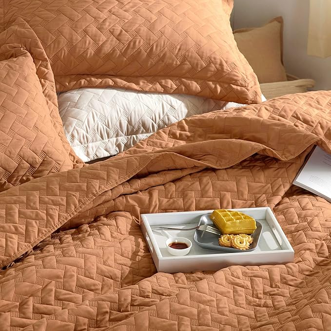 Bedsure Quilts Queen Size - Lightweight Bedspreads Queen Size with Basket Weave Pattern, Soft Quilt Bedding Set, Hazel Brown Comforter Set Coverlet for All Seasons with 2 Pillow Shams (90" x 96") | Skin-Friendly Soft, All-Season Comfort, Breathable, Li...