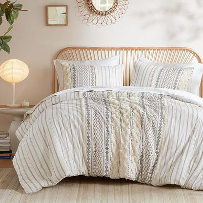INK+IVY Imani 100% Cotton Duvet Mid Century Modern Design, All Season Comforter Cover Bedding Set, Matching Shams, Full/Queen, Ivory Chenille Tufted Accent 3 Piece