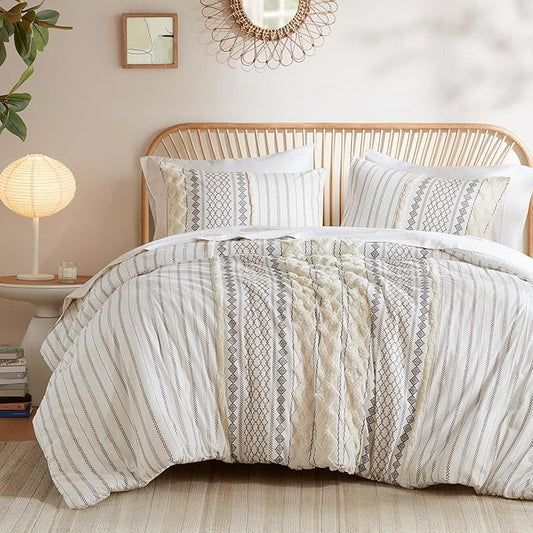 INK+IVY Imani 100% Cotton Duvet Mid Century Modern Design, All Season Comforter Cover Bedding Set, Matching Shams, Full/Queen, Ivory Chenille Tufted Accent 3 Piece