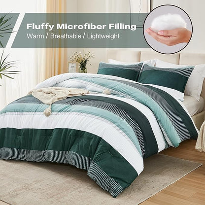 Litanika Dark Emerald Green California King Comforter Set - 3 Pieces Cal King Oversized Lightweight Summer Colorblock Stripe Bedding Set (104x96In, 2 Pillowcases)