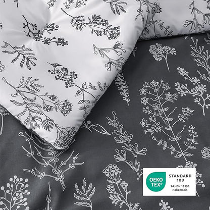 Bedsure Full Comforter Set - Dark Grey Bed Set, 3 Pieces Cute Floral Bedding, 1 Soft Reversible Botanical Flowers Comforter and 2 Pillow Shams