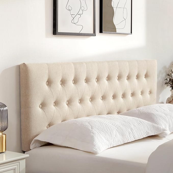 Upholstered Headboard California King, Adjustable Height 37''- 51'', Beige | Sturdy Durable Solid Wood Bed Headboard, Tufted Fabric California King Headboard, Modern Button Diamond Design Head Board