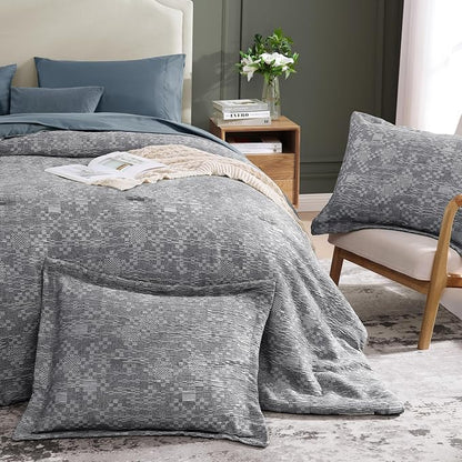 MaiRêve Full Size Comforter Set Navy Blue, Crinkle Textured Design Bedding Set 7 Pieces Bed in A Bag, All Season Farmhouse Comforter Set with Sheets, Pillowcases & Shams
