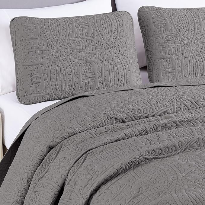Chezmoi Collection Austin 3-piece Oversized Bedspread Coverlet Set (Queen, Gray) | Oversized, Lightweight, Fade Resistant