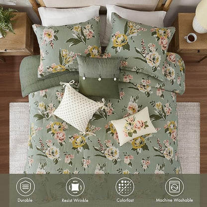 Madison Park Vintage Floral Reversible Comforters King Size Bed, All Season, Down Alternative Bedding Comforter, Bedskirt, Pillows, Shams, Salara, King Green 7 Piece | Reversible
