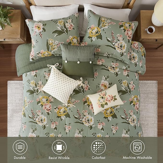 Madison Park Vintage Floral Reversible Comforters King Size Bed, All Season, Down Alternative Bedding Comforter, Bedskirt, Pillows, Shams, Salara, Queen Green 7 Piece | Reversible