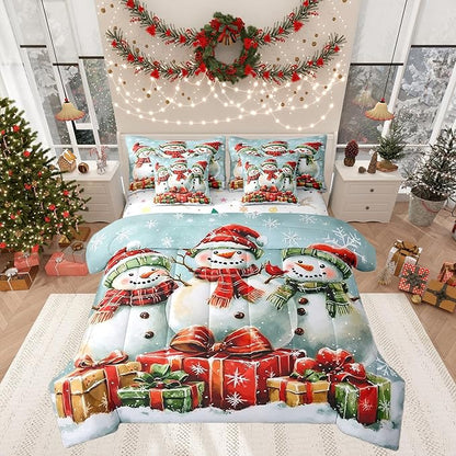 Happy New Year Comforter Set Bed in a Bag 7 Pieces King,3D Snowman Gifts Watercolor Bowknot Bedding Set,Winter Geometric Snowflakes (Comforter+Fitted+Flat Sheet+2 Pillowcases+2 Throw Pillow Covers)