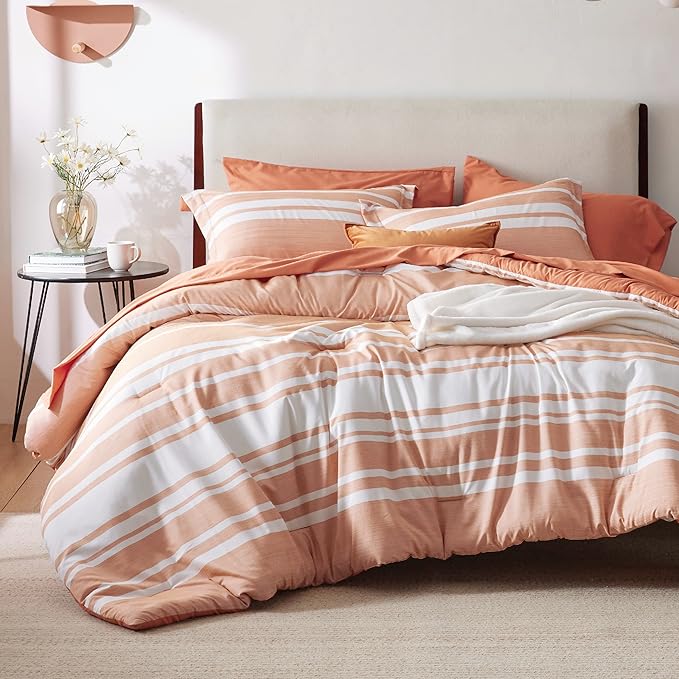Bedsure Twin Comforter Set 5 Pieces, Burnt Orange Striped Bedding Set for All Seasons, Reversible, Cationic Dyeing Bed in a Bag with Comforter, Sheets, Pillowcase & Sham