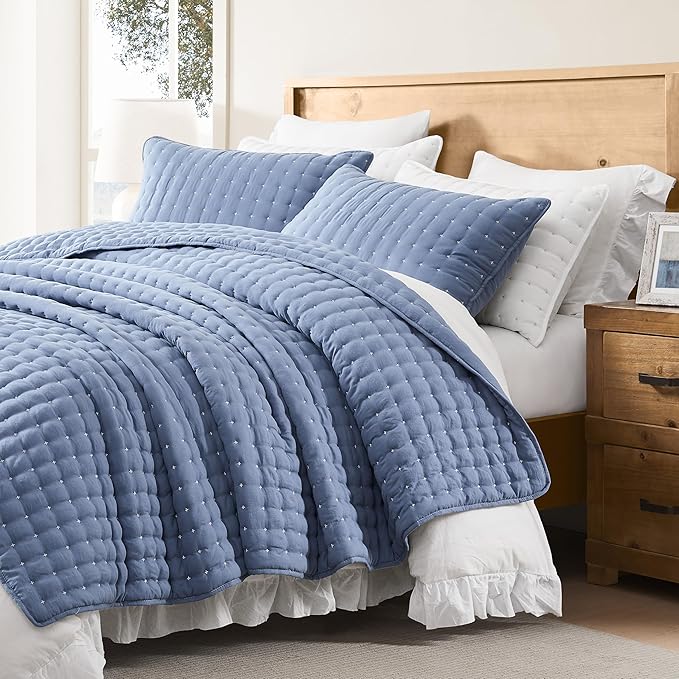 WDCOZY Blue California Cal King Size Quilt Bedding Sets with Pillow Shams, Oversized Lightweight Soft Bedspread Coverlet, Quilted Blanket Thin Comforter Bed Cover, 3 Pieces, 118x106 inches