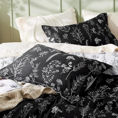 Bedsure Duvet Cover Queen Size - Reversible Black Queen Duvet Cover Set with Zipper Closure, 3 Pieces Floral Patterned Bedding Set with 8 Corner Ties and 2 Pillow Shams