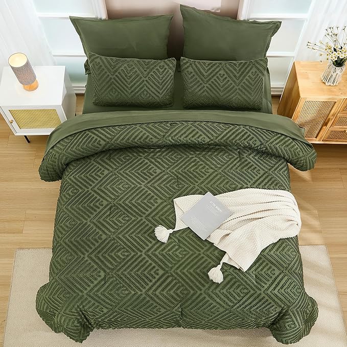 Andency Oversized King Size Comforter Set Olive Green - 7 Pieces Bed in a Bag Oversized King Boho Olive Green Bedding Comforter Sets, Tufted Bed Set with Comforter, Sheets, Pillowcases & Shams