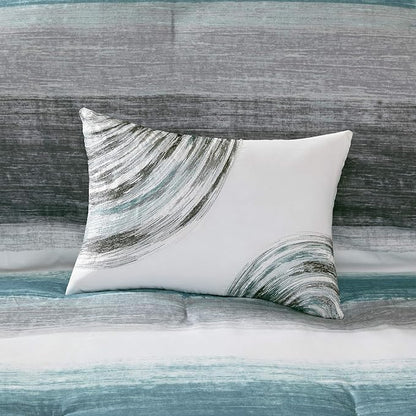 Madison Park Essentials King Comforter Set, Bed in a Bag King, Watercolor Print Coastal Comforter & Chambray Cotton Sheet Set, All Season Bedding Set, Saben, Aqua King (104 in x 92 in) 9 Piece