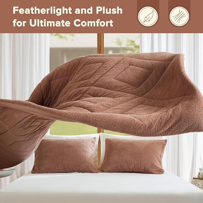 Comfort Spaces Queen Comforter Set Reversible Feather-Soft Plush Comforters for Queen Size Bed All Season Lightweight Shearling Fleece Sherpa Comforter Queen Size Bed Set, Full/Queen, Brown 3 Piece