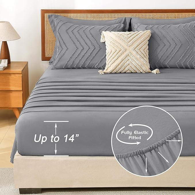 Litanika Full Size Comforter Set with Sheets Medium Gray - 7 Pieces Bed in a Bag Full Chevron Tufted Complete Bedding Sets with Comforter, Sheets, Pillowcases & Shams