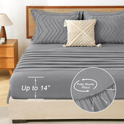 Litanika Full Size Comforter Set with Sheets Medium Gray - 7 Pieces Bed in a Bag Full Chevron Tufted Complete Bedding Sets with Comforter, Sheets, Pillowcases & Shams