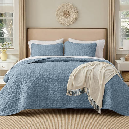 Bedsure Quilts Queen Size - Lightweight Bedspreads Queen Size with Lucky Star Quilting, Soft Quilt Bedding Set, Dusty Blue Comforter Set Coverlet for All Seasons with 2 Pillow Shams (90" x 96") | Skin-Friendly Soft, All-Season Comfort, Breathable, Ligh...