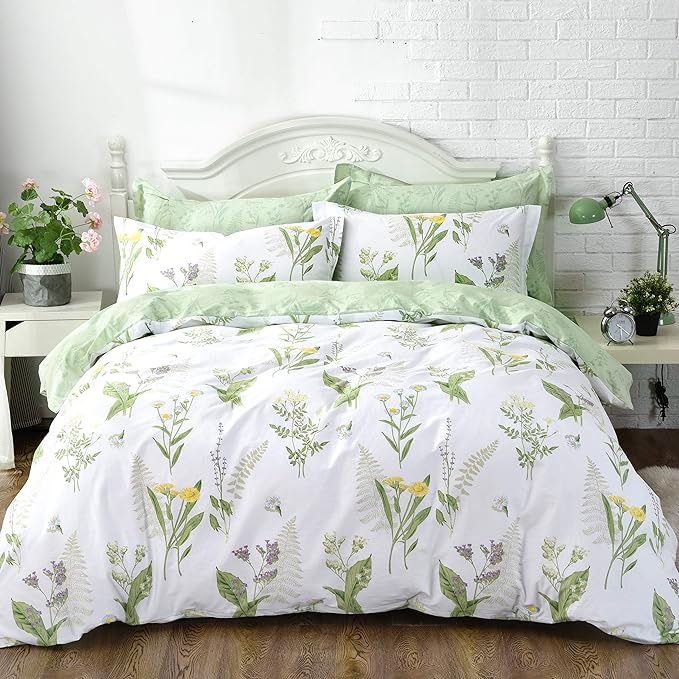 FADFAY Duvet Cover Set Queen Shabby Green Daisy and Lavender Flowers 100% Cotton with Hidden Zipper Closure 3-Piece:1 Duvet Cover & 2 Pillowcases Queen Size
