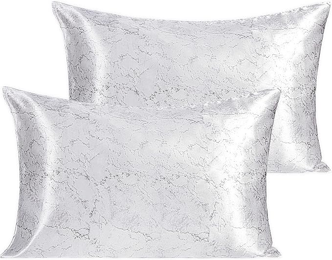 NTBAY 2 Pack Satin Standard Pillowcases for Hair and Skin, Luxurious and Silky Marbling Printed Pillow Cases with Envelope Closure, 20x26 Inches, White