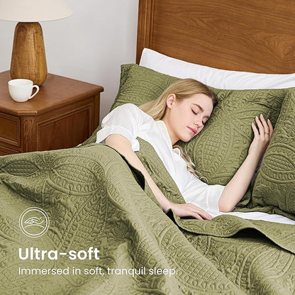 Love's cabin Oversized King Size Quilt Bedding Set Green Bedspreads - Oversized King Lightweight Bedspread Comforter - Coin Pattern Coverlet for All Season - 3 Pieces (1 Quilt, 2 Pillow Shams)