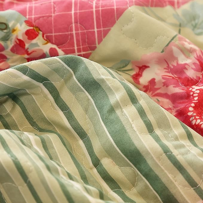 Cmfshape Summer Floral Queen Quilted Bedspread,Romantic Pink Quilt Set,Reversible Stitched Bedding Set All Season,Soft Lightweight Coverlet with Pillow Cases (Pink&Grey, Queen90 x90)