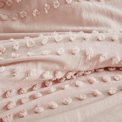 Comfort Spaces Cotton Comforter Set Jacquard Pom-Pom Tufts Design, Down Alternative, All Season Modern Bedding, Matching Shams, Twin/Twin XL, Phillips, Blush