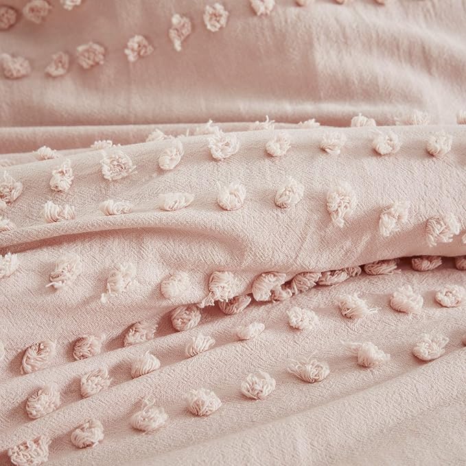 Comfort Spaces Cotton Comforter Set Jacquard Pom-Pom Tufts Design, Down Alternative, All Season Modern Bedding, Matching Shams, Full/Queen, Phillips, Blush