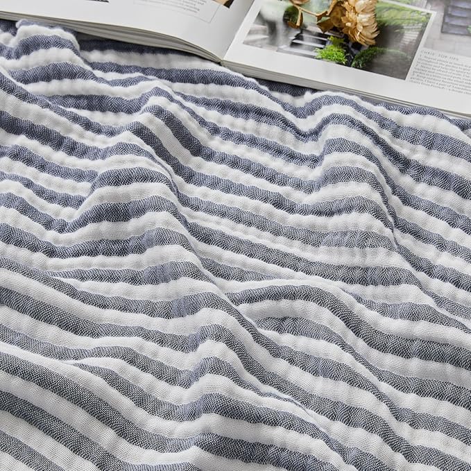 EMME Cotton Muslin Large Throw Blanket Couch Breathable Gauze Soft Lightweight Bed Blankets Adults (Striped Navy, 50"x70")