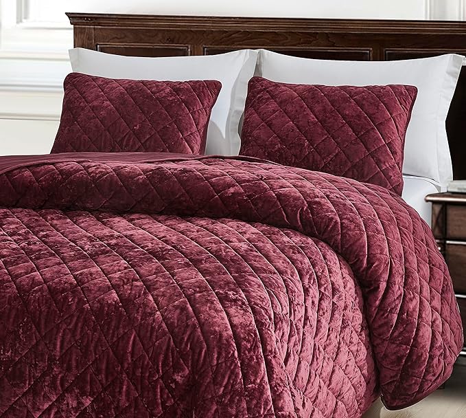 Chezmoi Collection Lux Burgundy Velvet Quilt King Set, 3-Piece Lush Plush Distressed Velvet Bedding All Season Lightweight Comforter Brushed Microfiber Reverse with Diamond Stitch Quilting