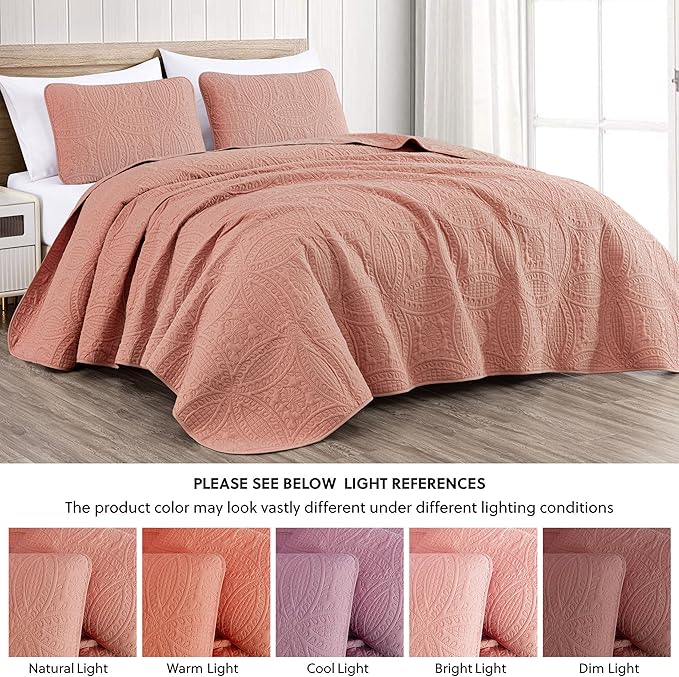 Chezmoi Collection Austin 3-piece Oversized Bedspread Coverlet Set (Queen, Salmon) | Oversized, Lightweight, Fade Resistant
