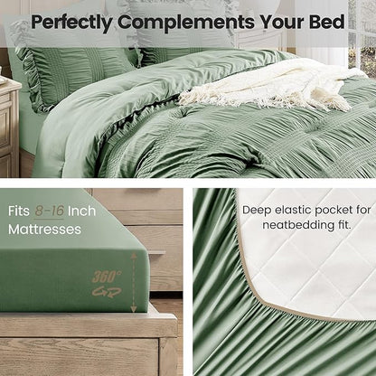 QUIETSEA Full Comforter Set Seersucker 7 Pieces Luxury Ruffle Bed in a Bag Full Size for All Season Green Bedding Set with Comforter, Pillowcases, Flat Sheet, Fitted Sheet and Pillow Shams