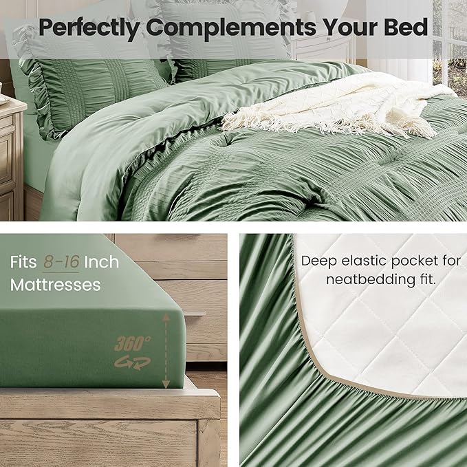 QUIETSEA Twin Comforter Set Seersucker 5 Pieces Luxury Ruffle Bed in a Bag Twin Size for All Season Green Bedding Set with Comforter, Pillowcase, Flat Sheet, Fitted Sheet and Pillow Sham