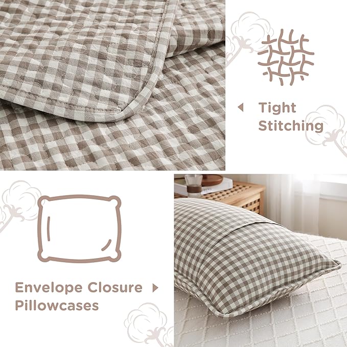 TOCOMOA Tan Gingham Quilt Bedding Set 100% Washed Cotton Bedspread Coverlet Like Linen Feel Soft Comfy Breathable 3 Piece Brown Plaid Checkered Lightweight Comforter Set for All Season, Queen 96"x90"