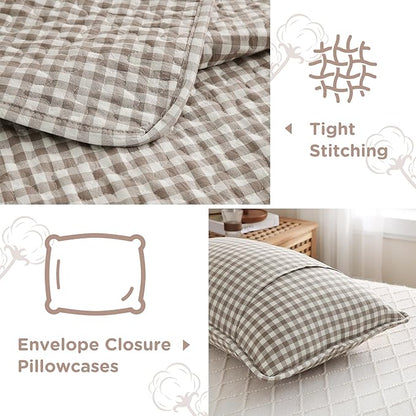 TOCOMOA Tan Gingham Quilt Bedding Set 100% Washed Cotton Bedspread Coverlet Like Linen Feel Soft Comfy Breathable 3 Piece Brown Plaid Checkered Lightweight Comforter Set for All Season, Queen 96"x90"